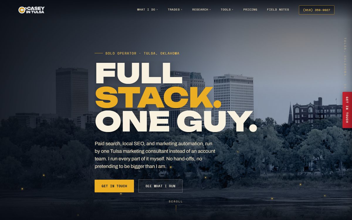 The homepage of caseyintulsa.com: a bold headline over a Tulsa skyline